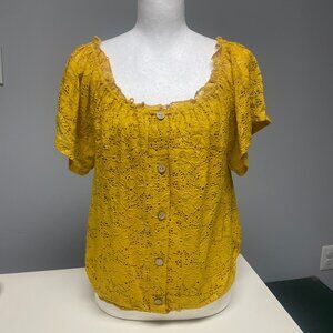 NoBoundaries Womens Size Large Milkmaid Mustard Crochet Puff Sleeve Top Pullover